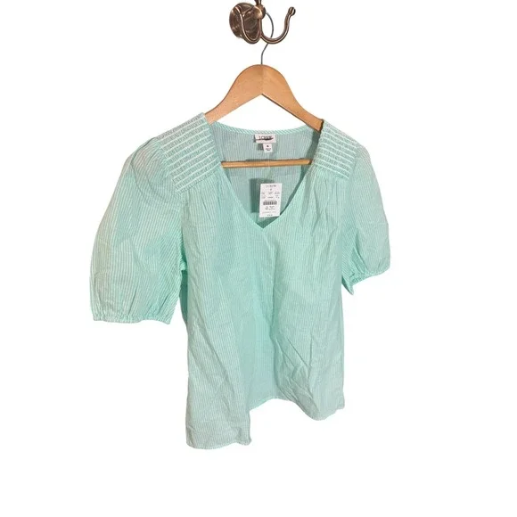 NWT J.Crew Womens Top Size S Green White Striped Smocked Puff Sleeve Blouse - Picture 3 of 6